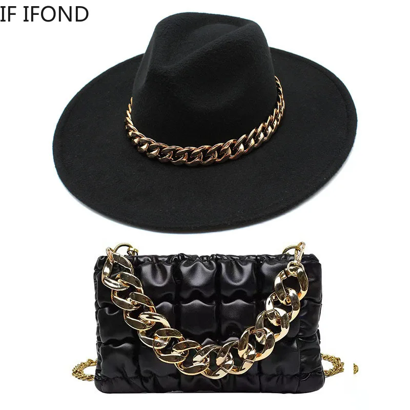 Fashion Luxury Two-piece Set Big Wide Brim 9.5CM Fedora Hat And Oversized Chain Accessory Bag Party Jazz Hats For Women