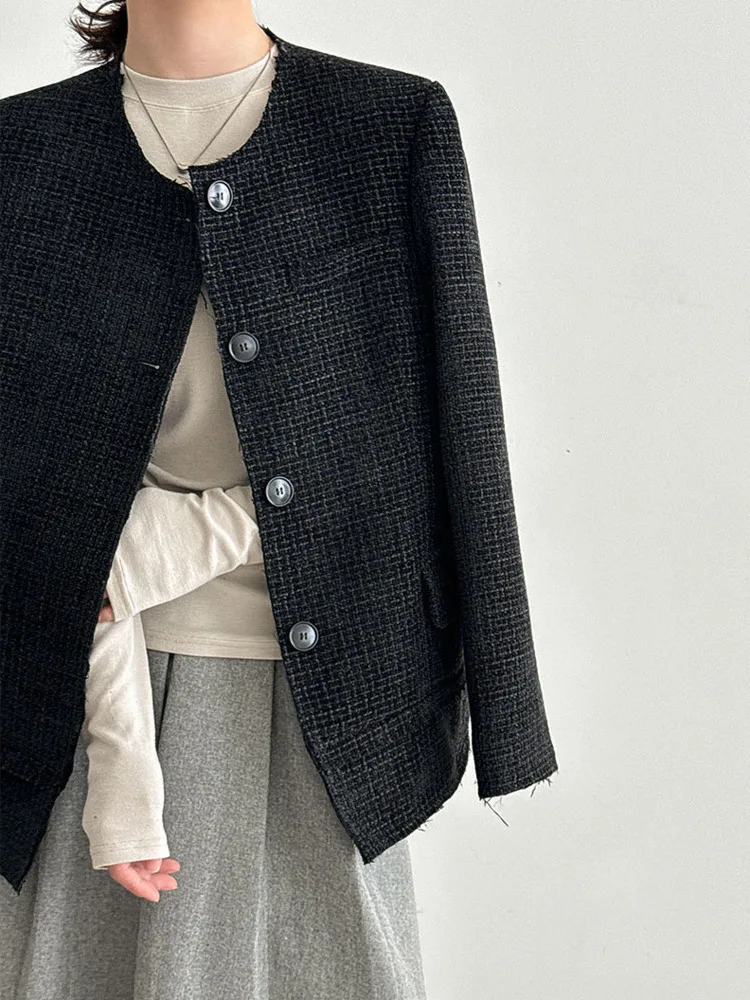 سترة WHTREND على الطراز الكوري برقبة دائرية أنيقة للنساء لخريف جديد سترة قصيرة من التويد الراقية WH1942 #2