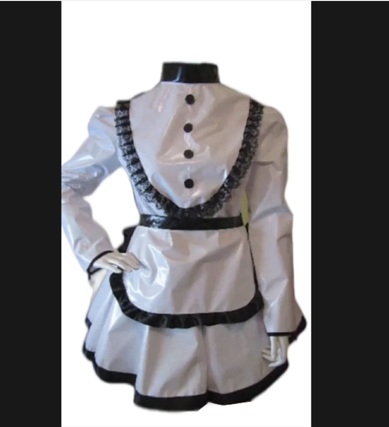 

New Hot Selling Sissy PVC Black and White Lace Splicing Independent Apron Girl Maid Uniform Customization