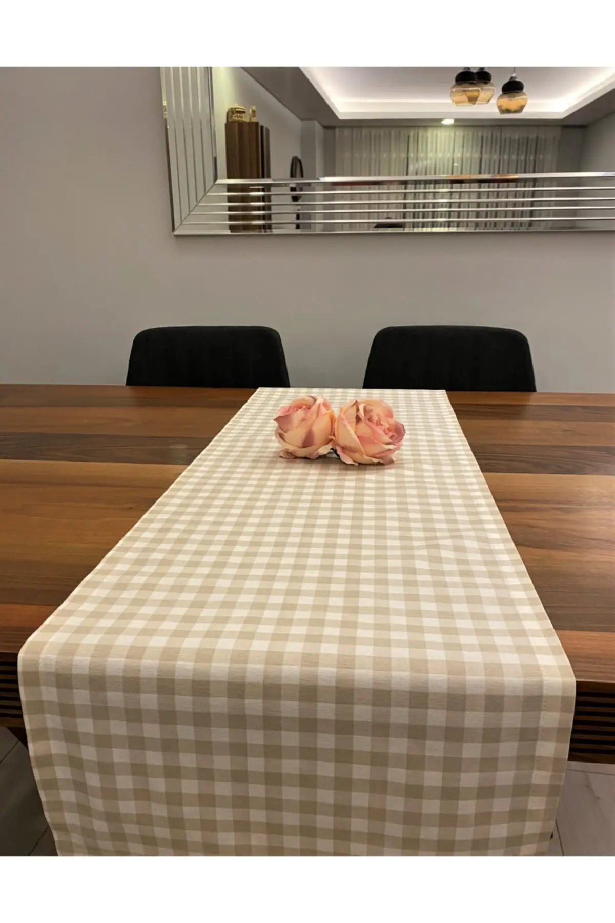 Gingham Beige Runner Tablecloth. Kitchen, Table Accessory, Plate Base, Dining Room