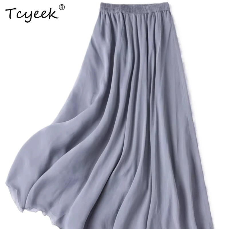 

Tcyeek 100% Real Silk Skirts for Women 2026 Spring Summer Elastic Waist Flowing Elegant Skirt Woman Clothing Faldones Para Mujer