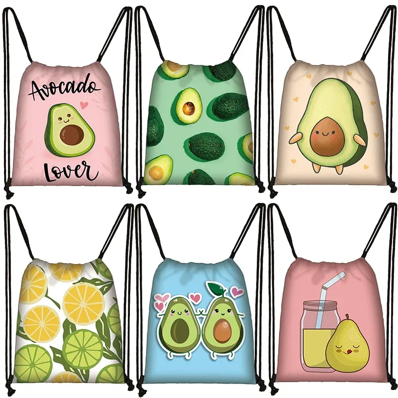 Cartoon Avocado Lemon Fruits Print Drawstring Bag Women Backpacks for Travel Storage Bag Daypack Book Bags Shoes Holder Gift