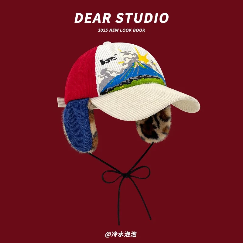 

New Fashion Contrasting Color Personalized Embroidery Bomber Hats Women Winter Warm Versatile Leopard Print Plush Men's Cap