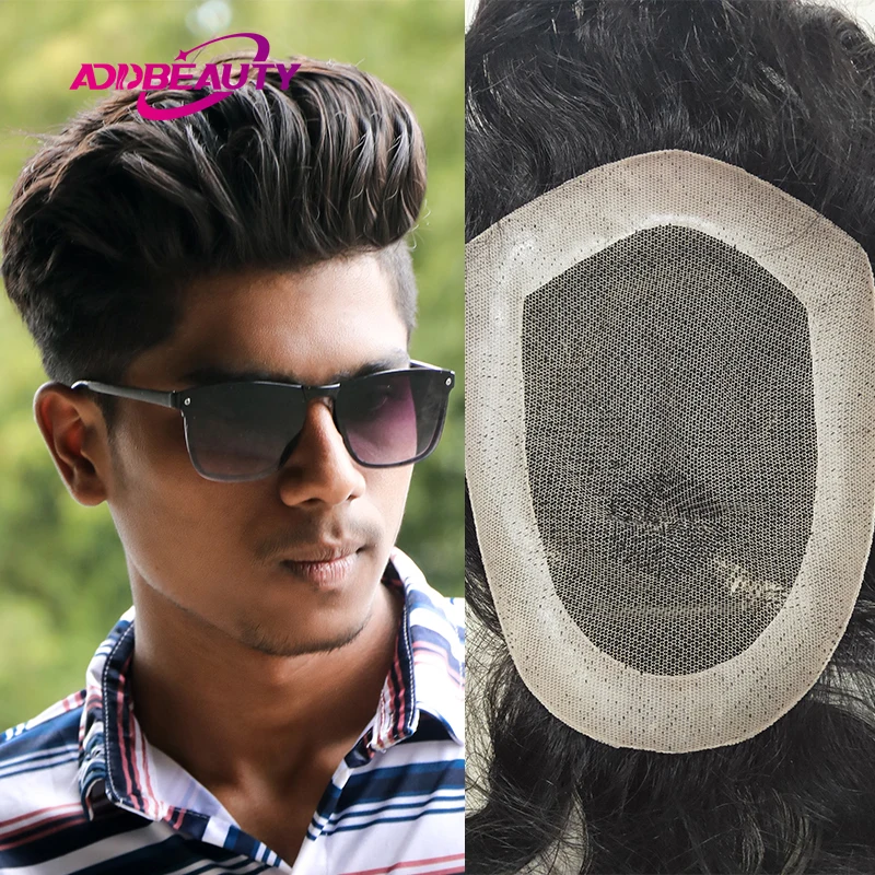 Straight Men Capillary Prosthesis Real Indian Human Hair Wigs Swiss Lace NPU Man Toupee Natural Hair System Dark Brown Grey Hair