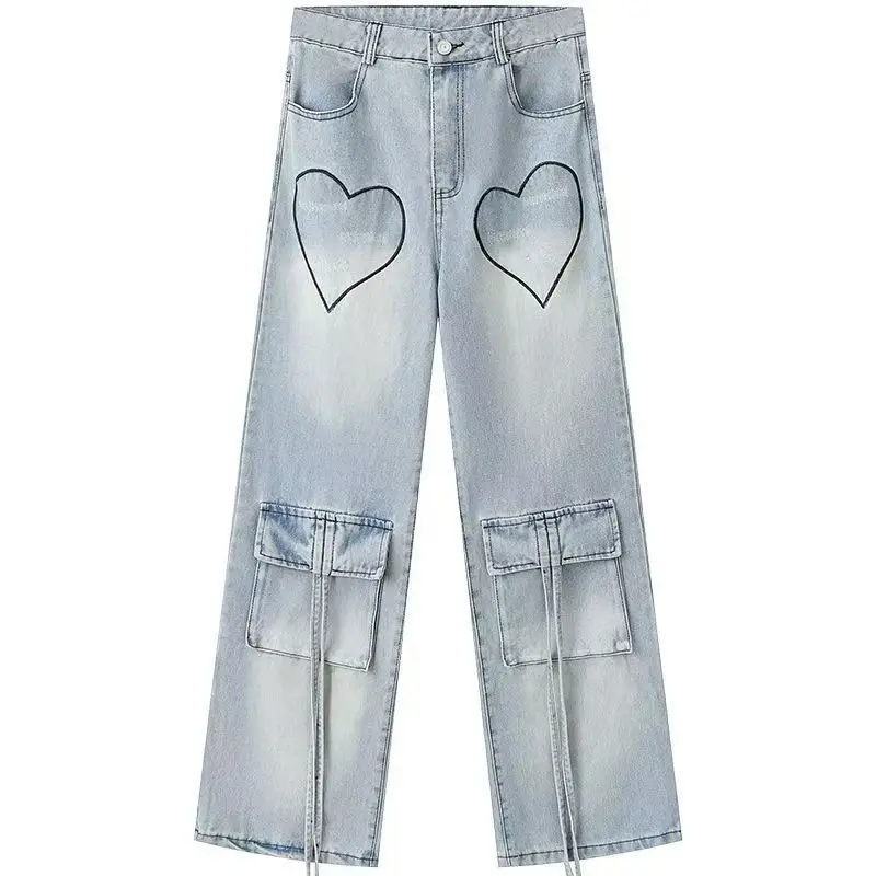 Y2k Estetica Harajuku Wash Jeans Chic Casual Stampato Pockcet Bow Pantaloni in denim Pantaloni a vita media larghi vintage a figura intera