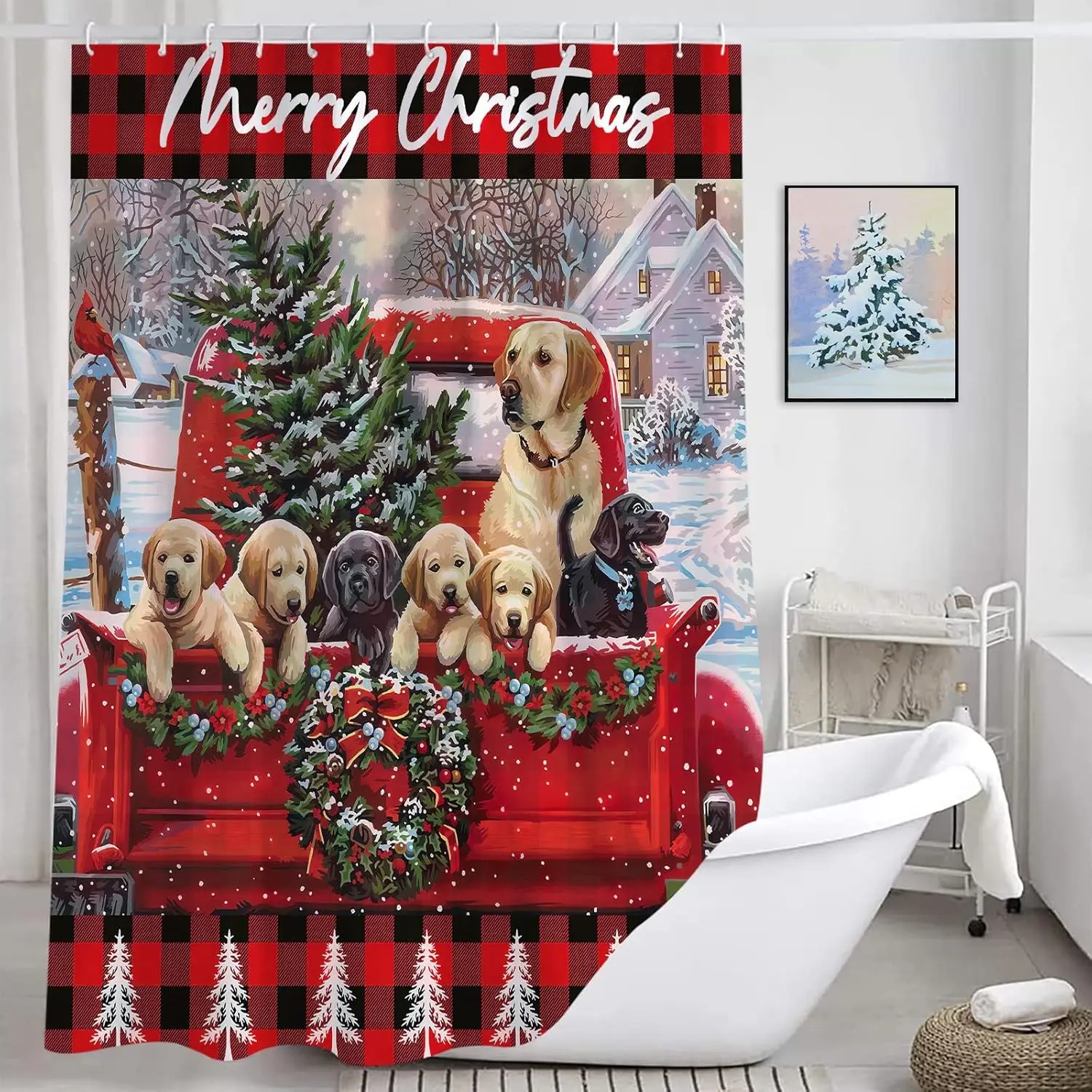 Christmas Shower Curtain Vintage Red Truck with Xmas Tree Cute Dog Kids Shower Curtain Buffalo Check Plaid Waterproof Bathroom