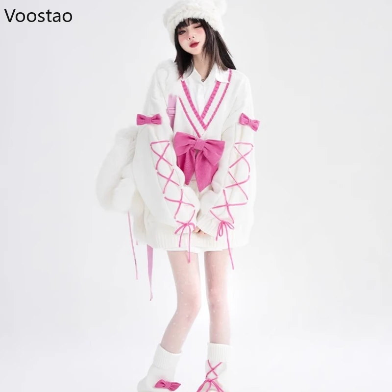 اليابانية الحلو القوس لوليتا نمط محبوك بالأزرار النساء Y2k الجمالية كل مباراة الخامس الرقبة موضة ضمادة فضفاضة JK البلوزات معاطف #3