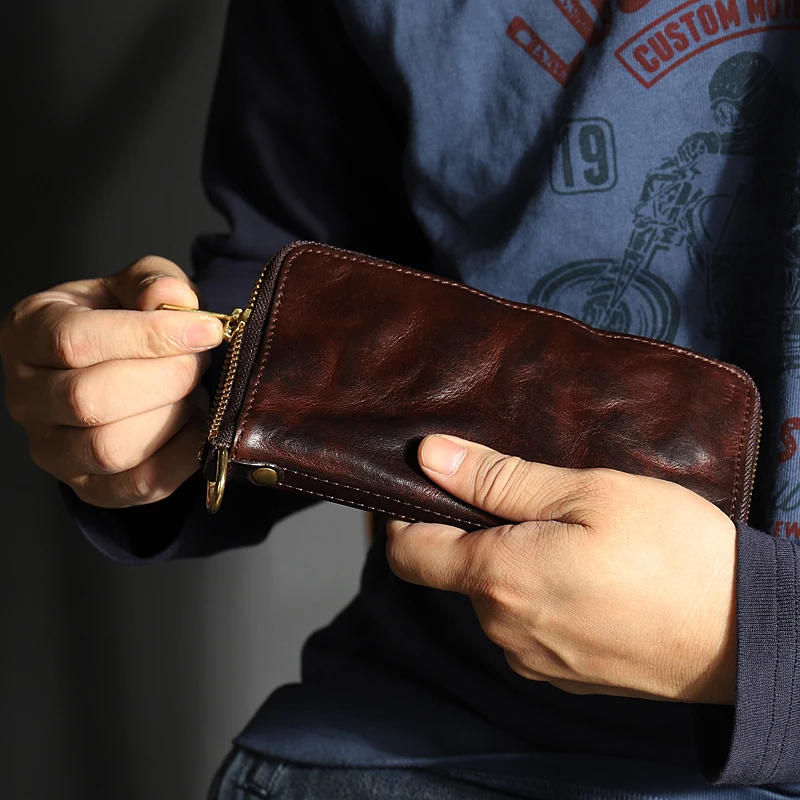 Original handmade plant tanned cow leather long purse copper chain pants men's zipper money clip vintage do old pleated clutch b