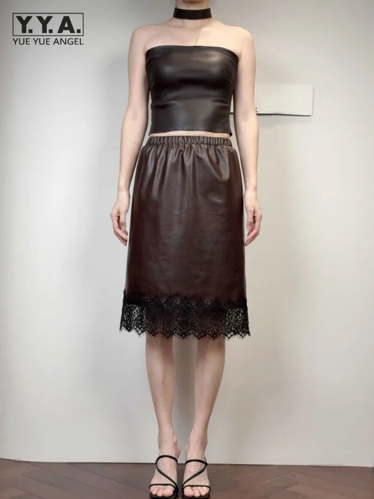Office Women New Sheepskin Genuine Leather Lace Spliced Skirt Mid Waist Slim Fit Casual Lady Straight Skirt Elegant Wrap Skirts