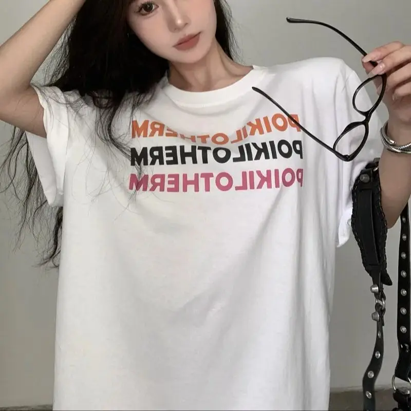 Summer hot girl style colorful letter print loose medium shoulder pad short-sleeved T-shirt wide version trendy top