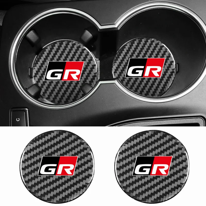 2Pcs Car Carbon Fiber Pattern Coaster Non Slip Water Cup Mat Anti-Dirt for Toyota GR Avensis Prado Corolla CHR Rav4 Premio Aygo