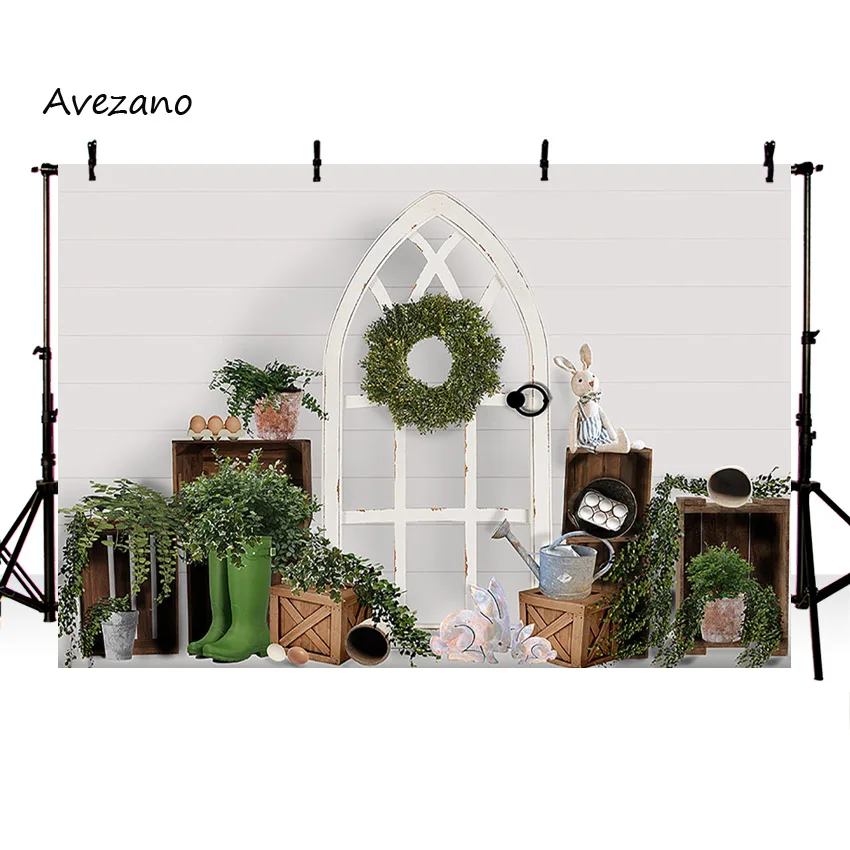 Avezano พื้นหลังสำหรับถ่ายภาพฤดูใบไม้ผลิ Window Landscape Easter Bunny หญ้าสวนทารกแรกเกิดวันเกิด Photo Studio