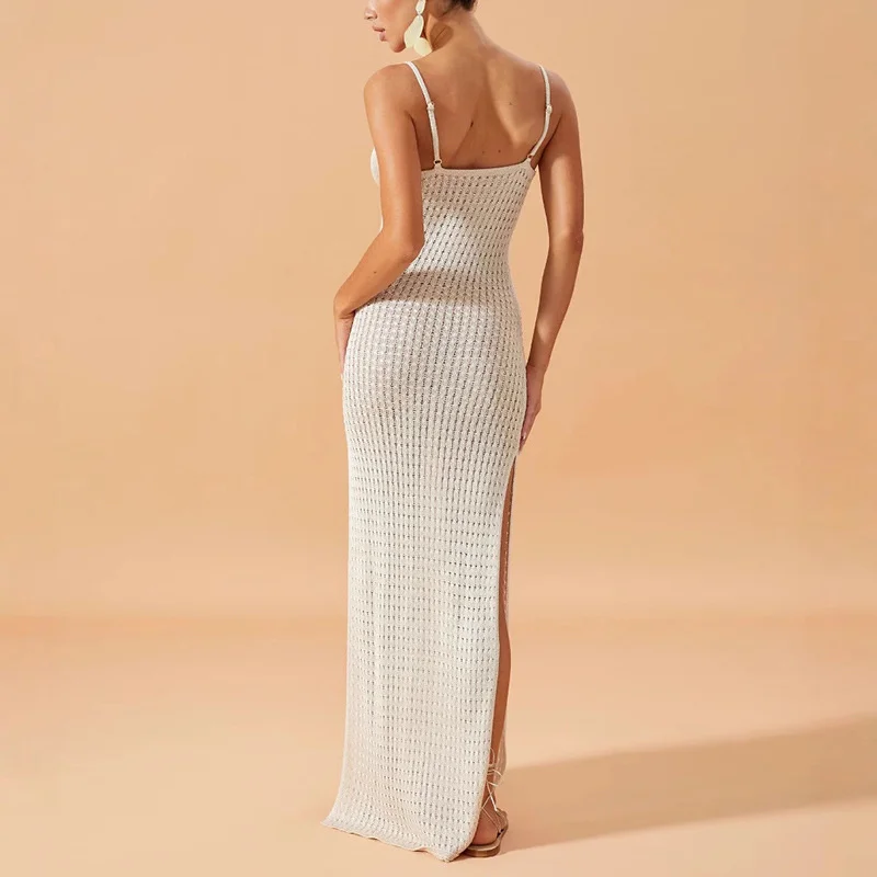 Abito da spiaggia lungo da donna con spacco laterale senza schienale, trasparente, scollato, copricostume estivo per bikini all'uncinetto