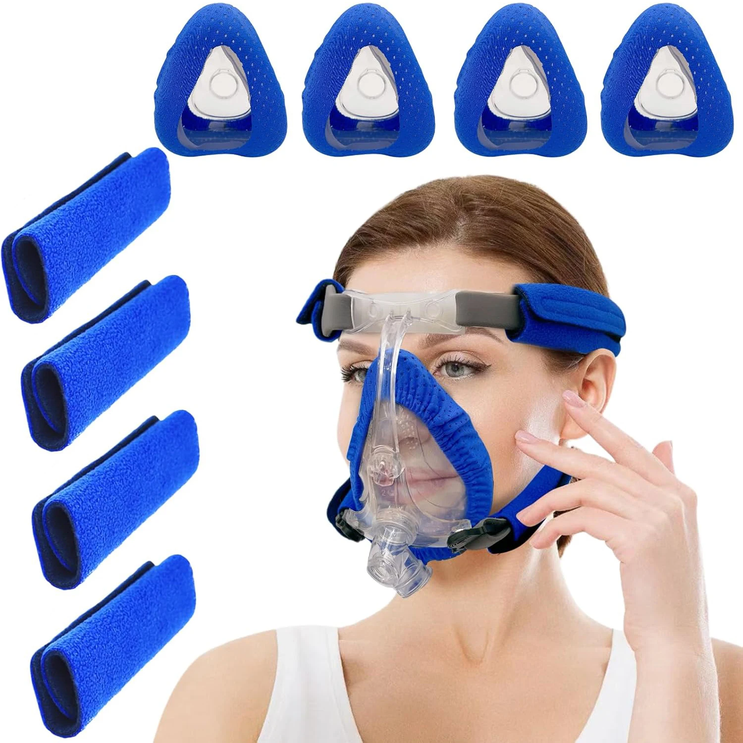 Paquete de 4 Forros para Mascarillas CPAP + Paquete de 4 Fundas para Correas de CPAP Compatibles con Mascarillas CPAP Faciales Completas F20, Cojín de Repuesto Facial Completo (Azul)