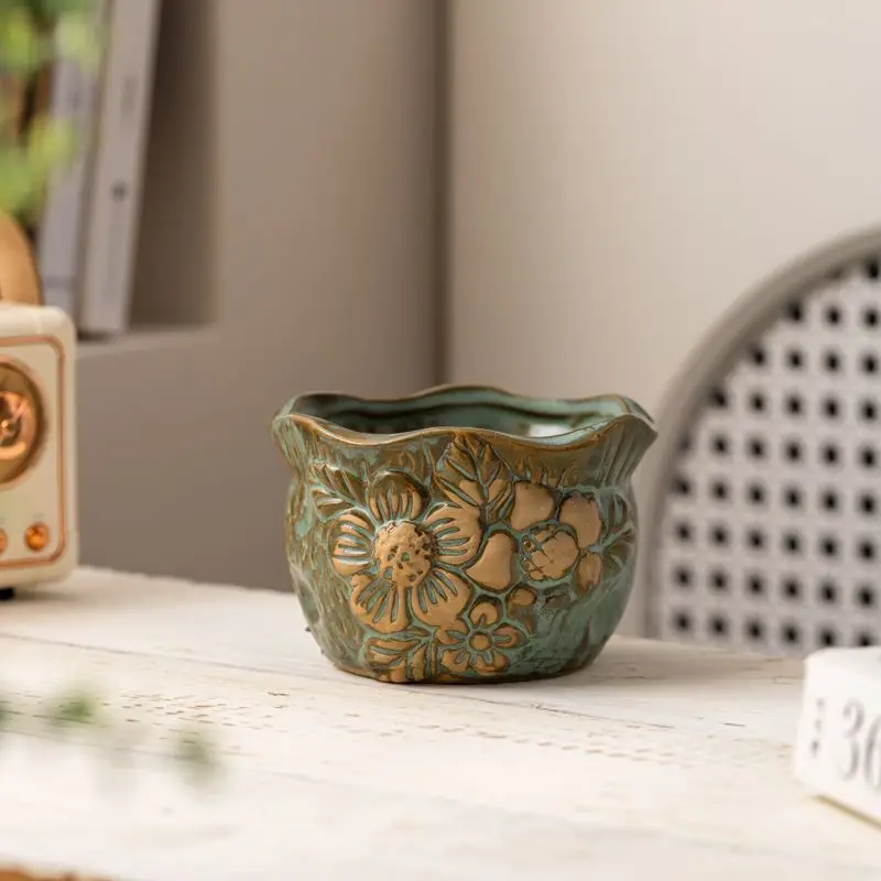 Retro Succulent Ceramic Flowerpot, Creative Perforated Desktop Home Decoration, Breathable Personality, Simple Relief Design