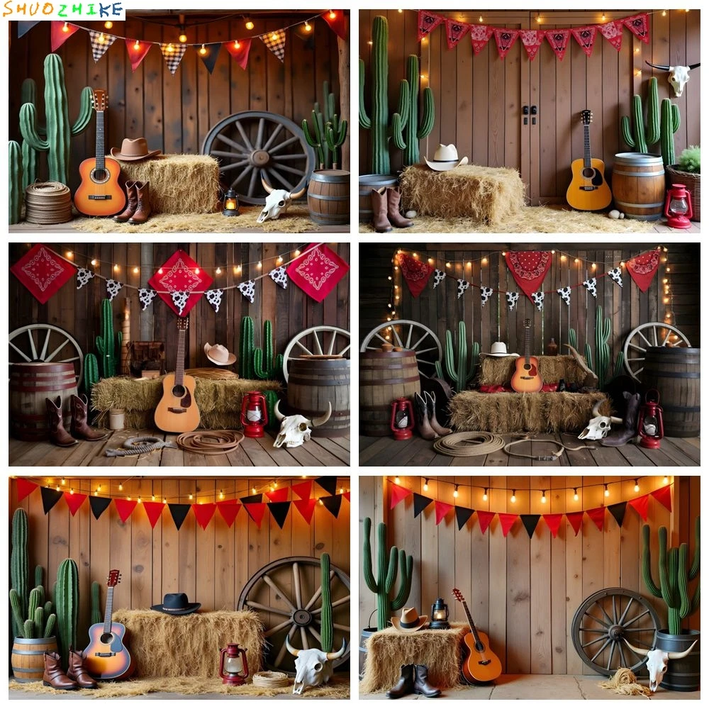 Western Party Photography Backdrop Cactus Haystack Guitar Boots West Cowboy Birthday Party Photo Background Decor Photostudio