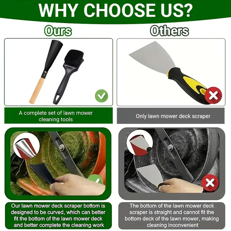 Kit di pulizia per tosaerba in confezione da 2 |   Raschietto e spazzola efficienti Struttura metallica aggiornata, ergonomica per la manutenzione professionale del prato