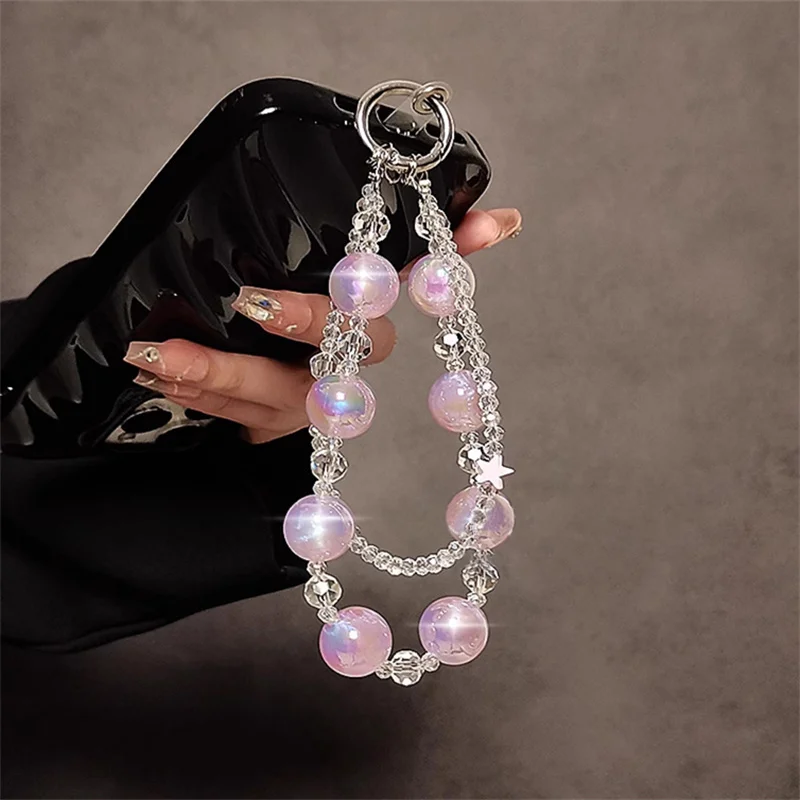 Y2k Korea Luminous Bead Star Clear Hand Chain Wrist Short Lanyard With Clip Mobile Phone Case Cute Keychain Pendant Accessories