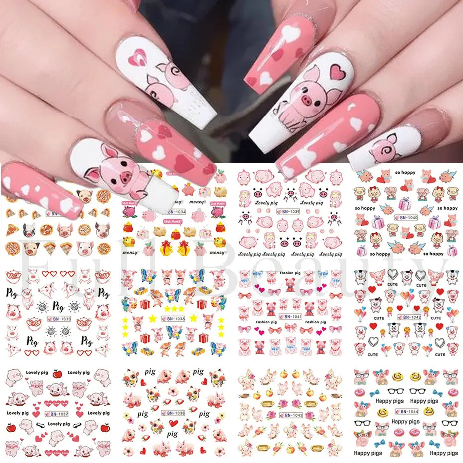 

12pcs Cute Pig Nail Sticker Cartoon Heart Animal Manicure Water Transfer Decal Slider Gel Polished Nail Decoration SABN1033-1044