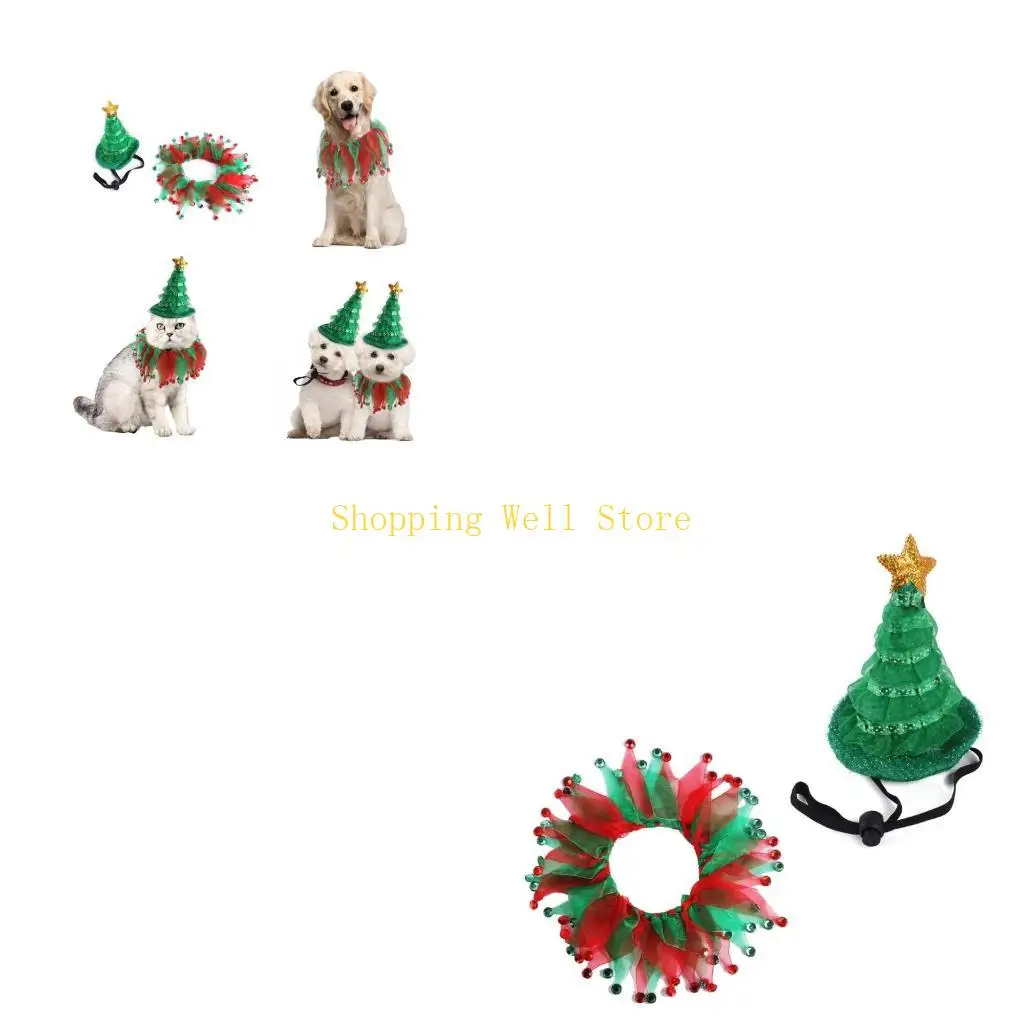 KX4B Christmas Dog Outfit Set with Christmas Scarf Regulable Holiday Pet Apparel