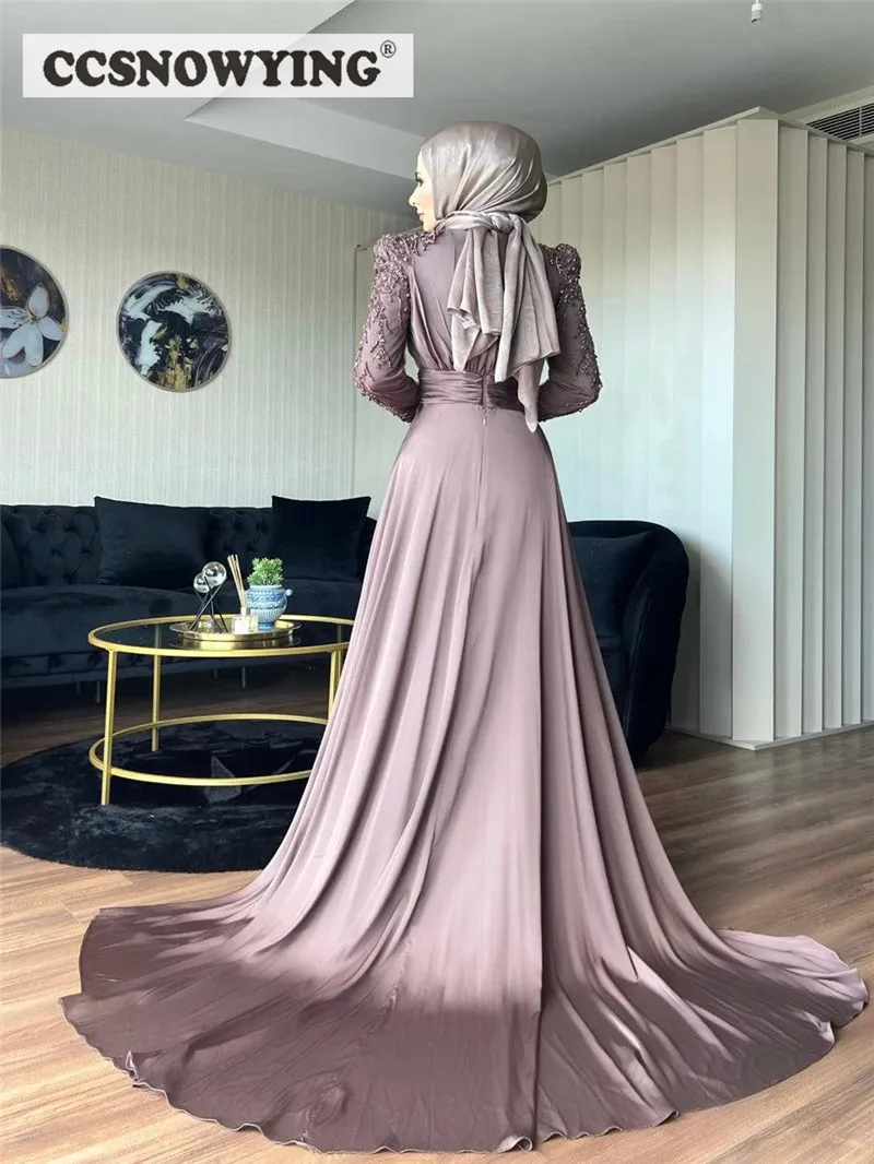 Dusty Rose Hijab Muslim Evening Dress Long Sleeve Islamic Formal Party Gown Beaded Satin Saudi Arabia Kaftan Robes De Soirée