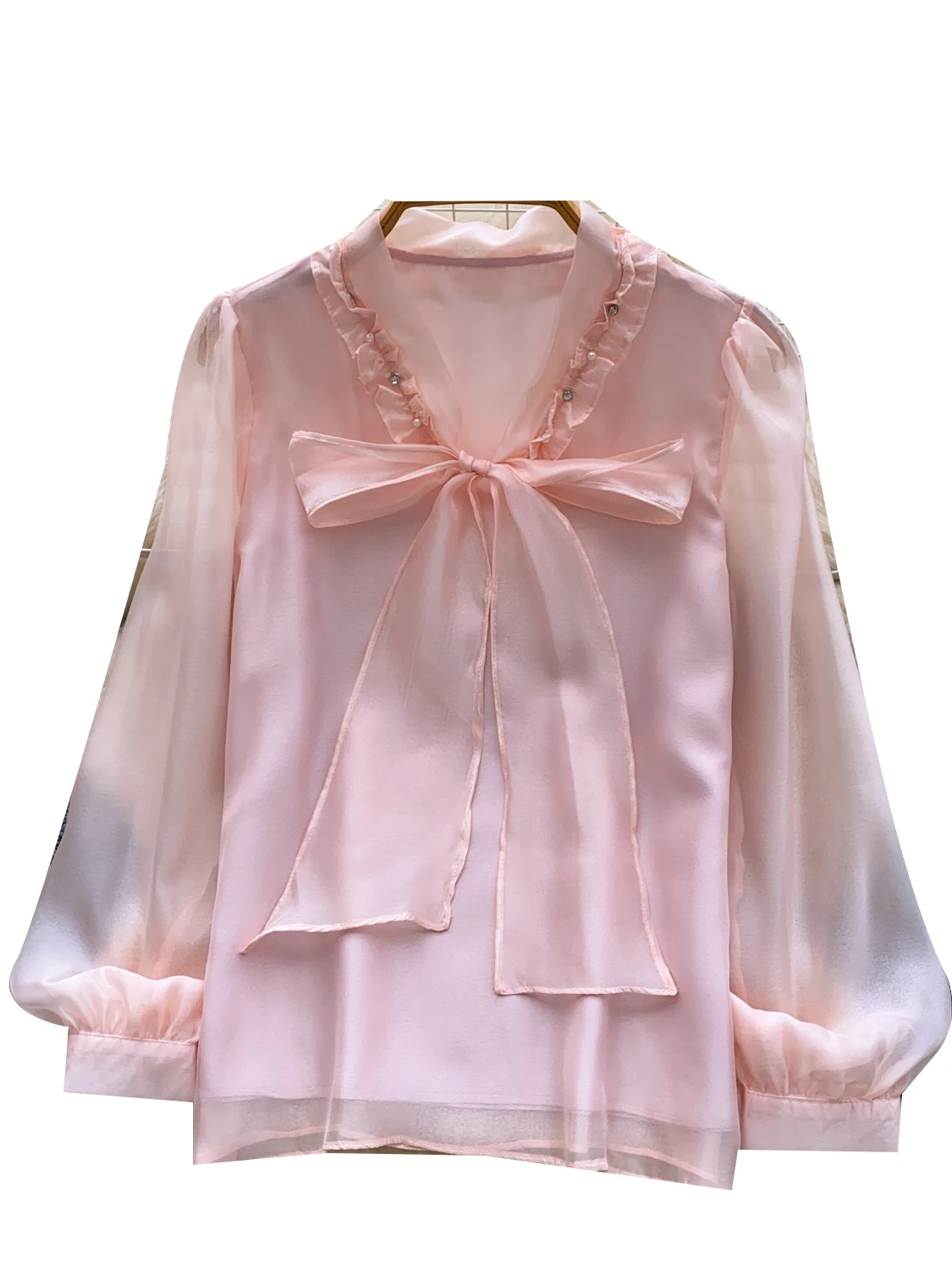 Sweet Knot V-neck Long Sleeve Loose Commute Shirt Women's Autumn Fashion Top Comfortable Breathable Polyester Fiber 5