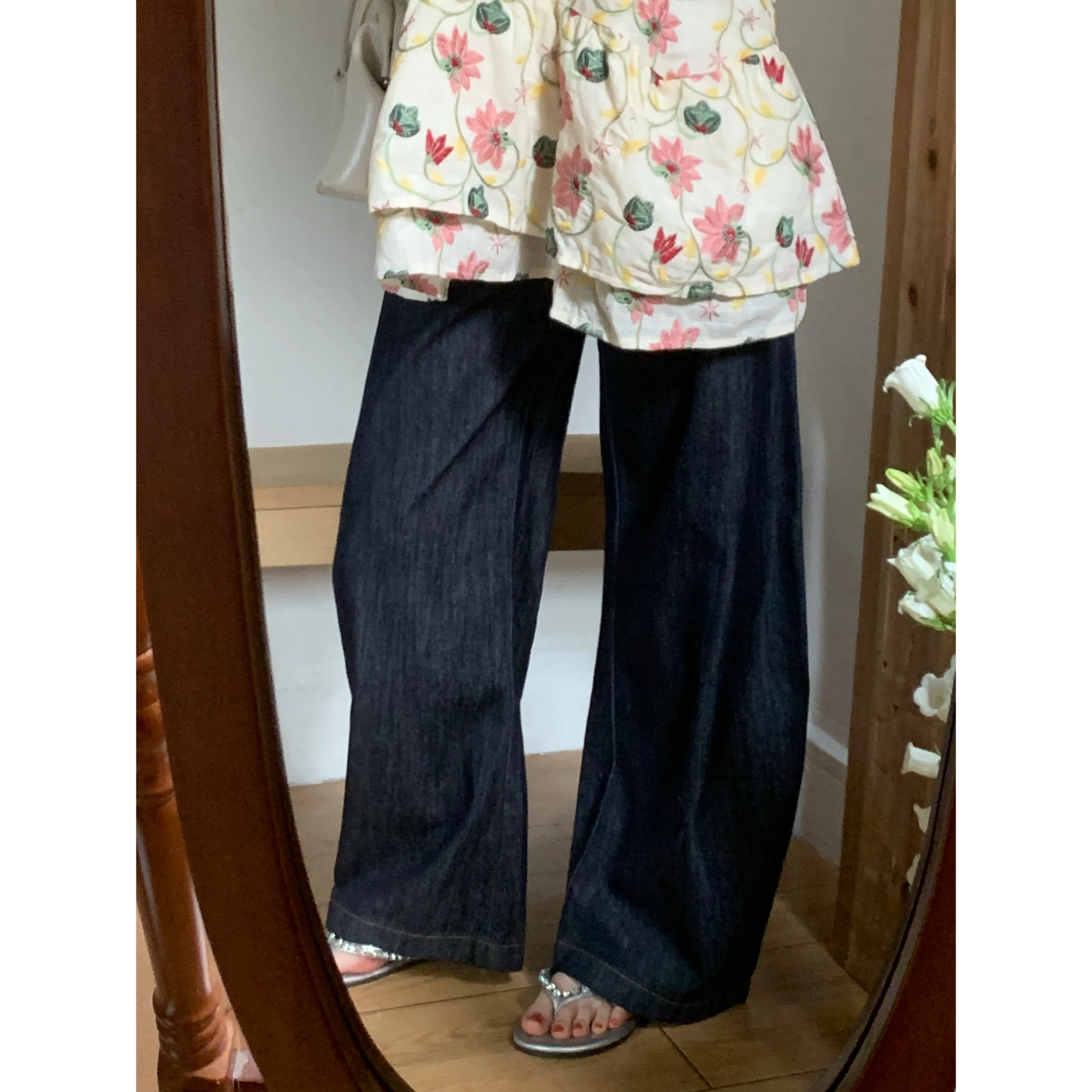 

Корейские джинсы-клеш для женщин, весна-лето, свободный крой, повседневные широкие брюки, оригинальный синий цвет с кружевной отделкой