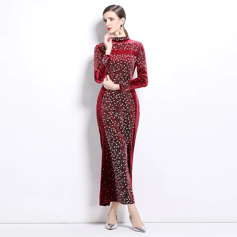 New European and American style heavy industry hot stamping velvet slim fit dress long dresses for women