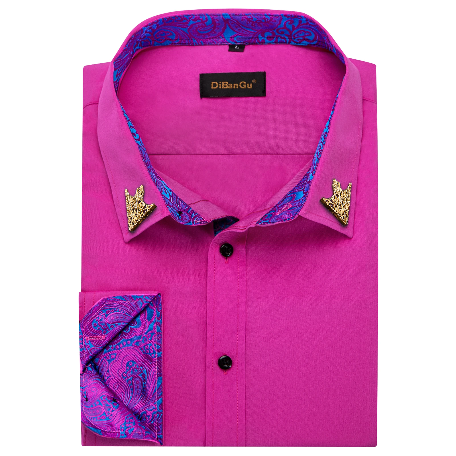 Luxury Men\'s Hot Pink Long Sleeve Casual Shirts for Wedding Prom Social Contrast Color Brand Men Clothing