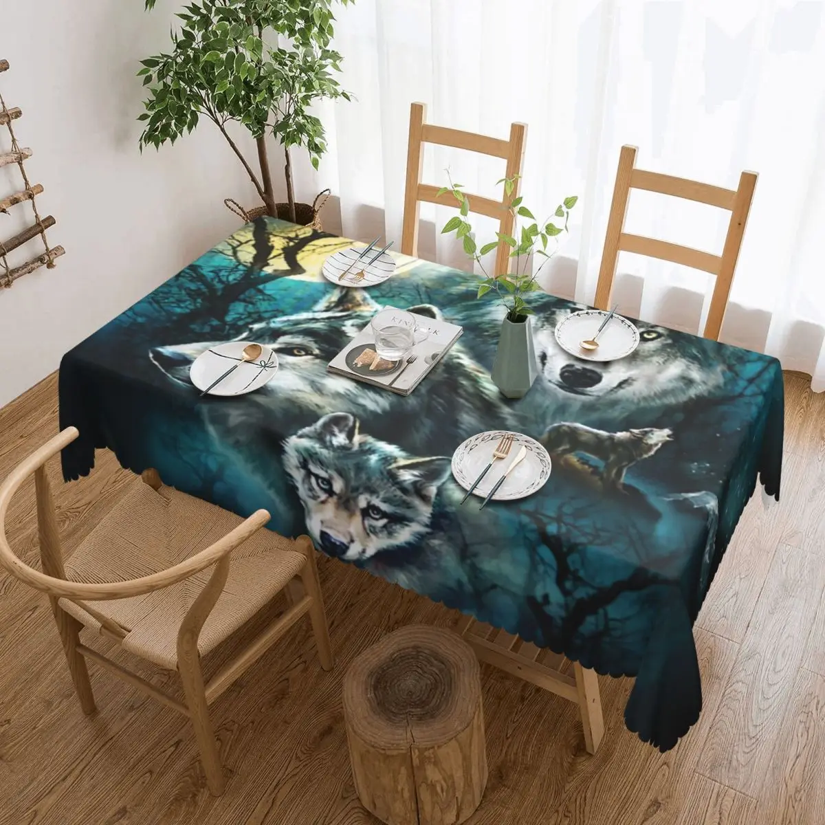 

Rectangular Waterproof Oil-Proof Animal Wolf Moon Tablecloth Table Cover 45"-50" Fit Table Cloth