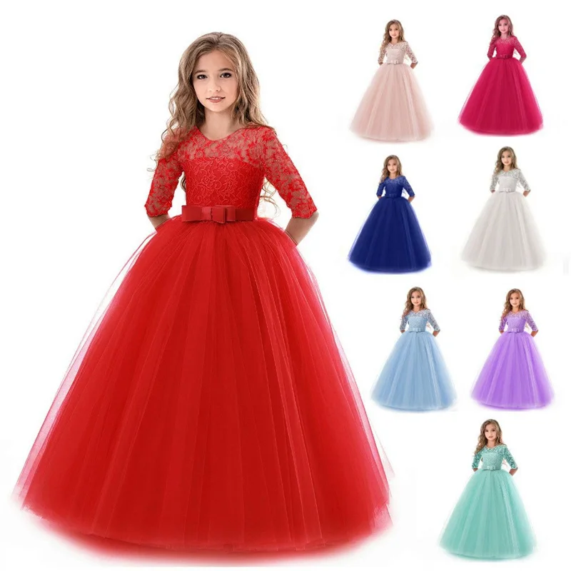 

Children's Dress Girls Long-Sleeved Gown New Sweet Princess Dresses Kids Wedding Holiday Birthday Party Tutu Teenage Mesh Frock