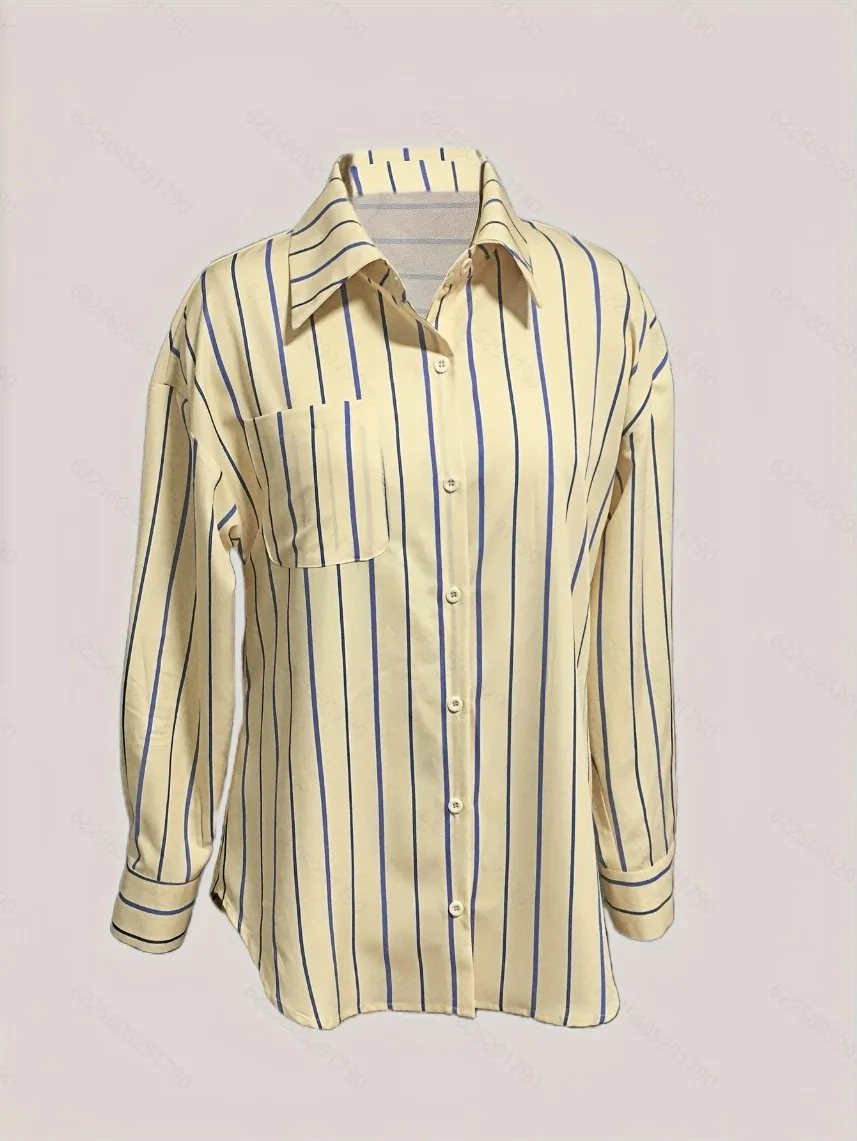 

Fall Women's Clothing Long Sleeve Striped Button Up Shirt Loose Fit Casual Top Back Four Way Stretch Polyester