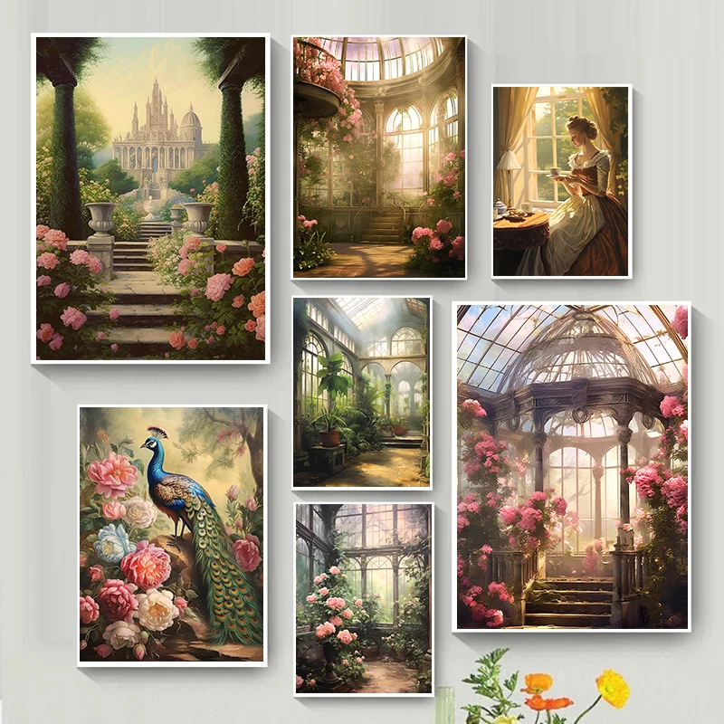 Victorian Conservatory Greenhouse Poster Baroque Prints Peony Antique Peacock Canvas  Wall Art Pictures Home Room Decor