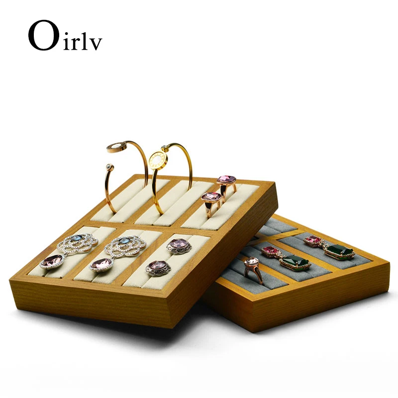 Oirlv Solid Wood Cream-white&Dark Gray 6 Seats Bangle Display Props With Microfiber For Exhibition Jewellry Bangle&Ring Holder