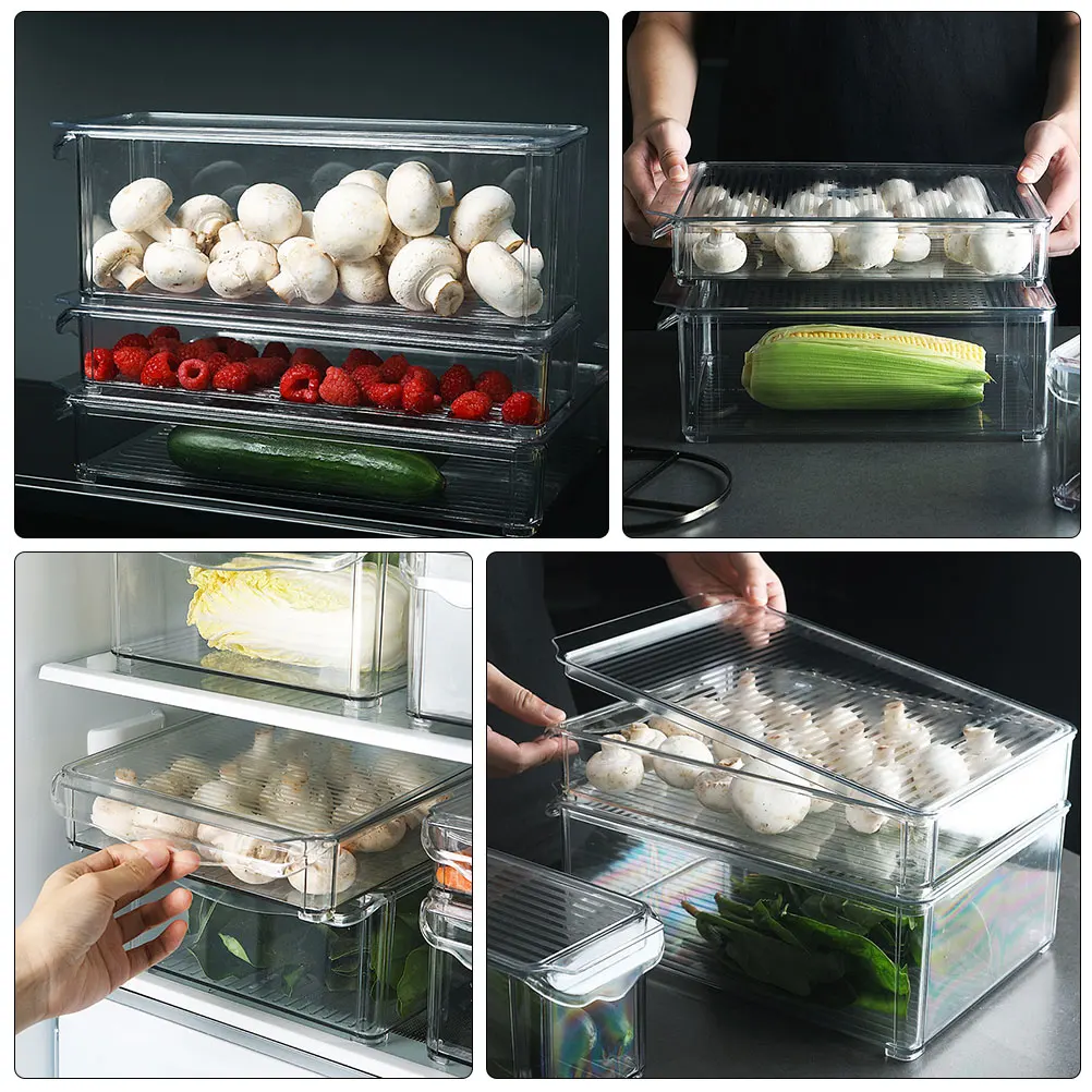

1pc Drainable Fresh Keeper PET Food Container Leak Proof Odor Free Refrigerator Crisper Home Plastic Storage Box for Fruits