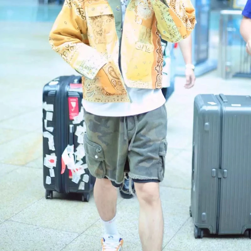 Streetwear Camouflage Patchwork Baggy Cargo Shorts for Men Wide Leg Elastic Waist Straight Summer Knee Length Pants Oversized