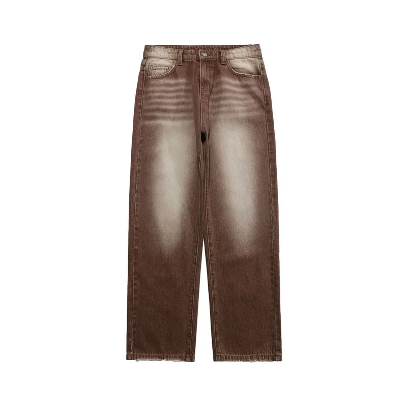 2022 Street Wear White Old Wash Water Pattern Pants Brown Loose Retro Straight Four Season Locomotive Handsome Men's Jeans