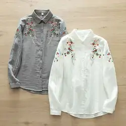 Cotton Collar Long Sleeved Shirt, Women's Artistic Flower Embroidery, Sweet And Loose Fitting Shirt Top