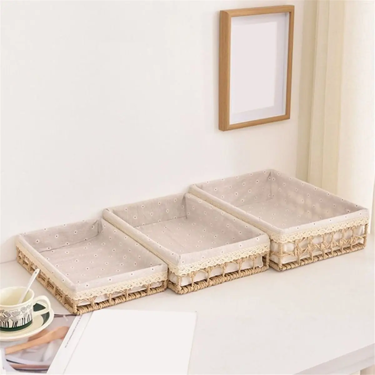 2026 New Tool Hand Woven Desktop Weaving Basket Hollow Out Cosmetics Organizer Tray Stylish Rectangular Straw Storage Basket Bin
