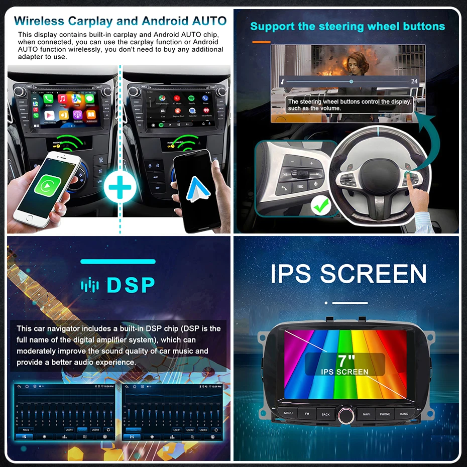 Radio para automóvil con Android 15, compatible con Carplay inalámbrico, para Fiat 500, modelo 2016-2019, con Bluetooth, autorradio 2 DIN, pantalla de 7 pulgadas y reproductor multimedia. 4