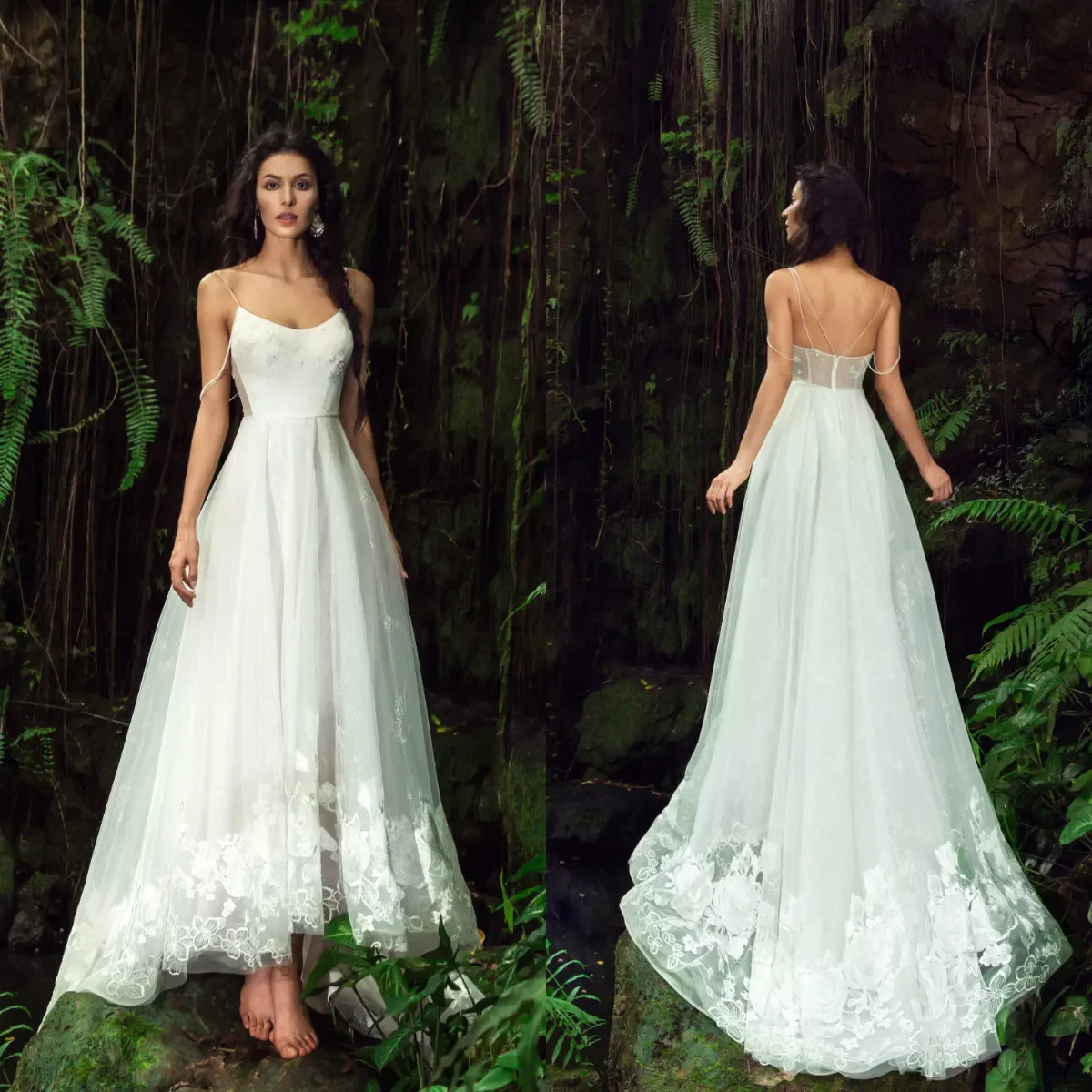 

Customized Classic Bohemian Wedding Dress High And Low Spaghetti Shoulder Straps Decals Beaded Sleeveless Bridal Party Dress