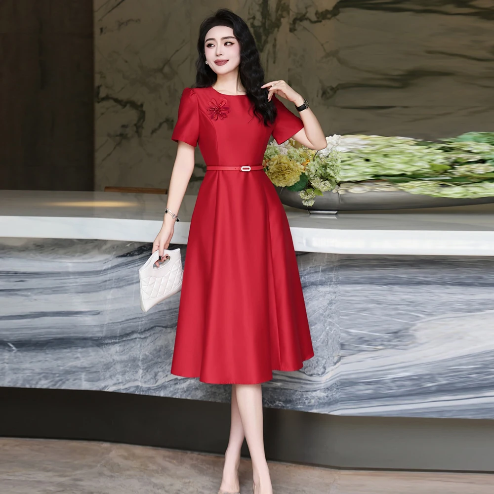 

ZJYT Fashion Women's Red Wedding Birthday Party Dresses Summer 2025 New Designer Short Sleeve Floral Midi Simple Dress Elegant