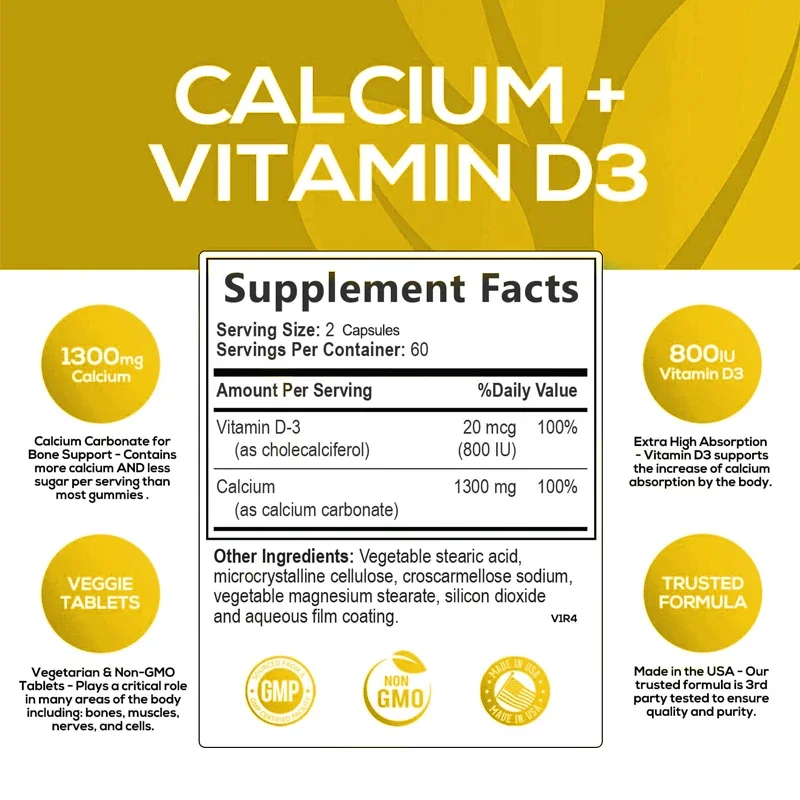 Calcium + Vitamin D3 Capsules - Supports Bone, Tooth, Heart Health, and Immune System