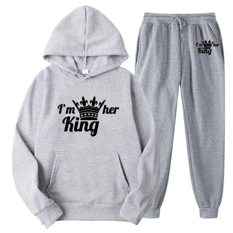 

Couple Sportwear Set KING Or QUEEN Printed Hooded Suits 2PCS Set Male and Femaie Hoodie and Pants S-4XL