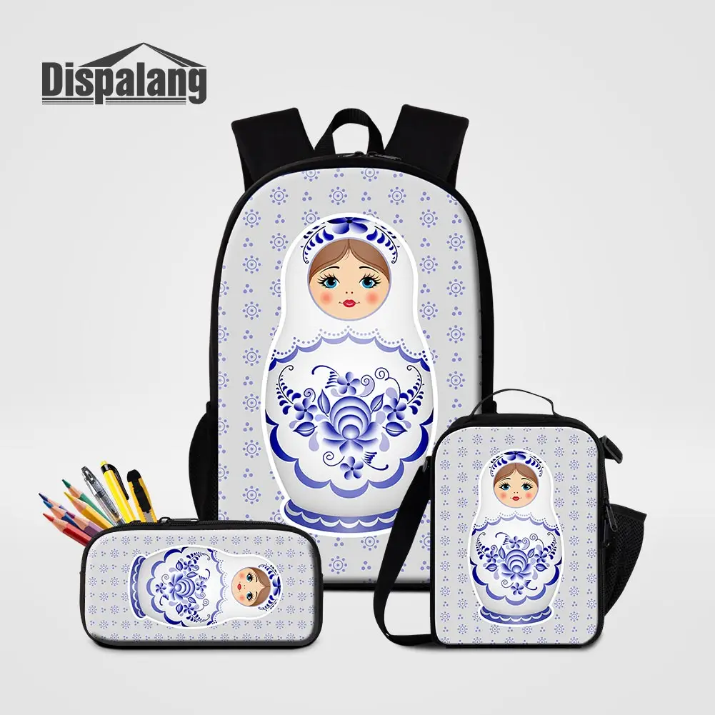 

Russian Mascot Matryona Backpack With Pencil Case 3PCS/Set Cartoon Matryoshka Doll Cooler School Bag Girs Custom Name Bookbag