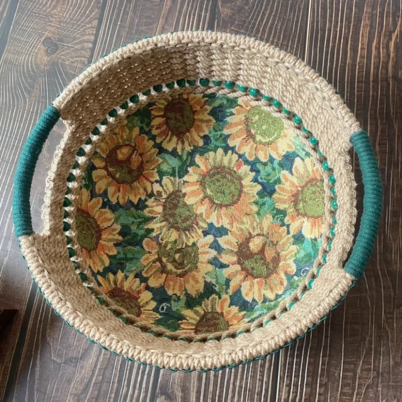 

Pure hand-woven round storage basket retro sunflower oil painting jacquard fabric storage basket desktop snack basket
