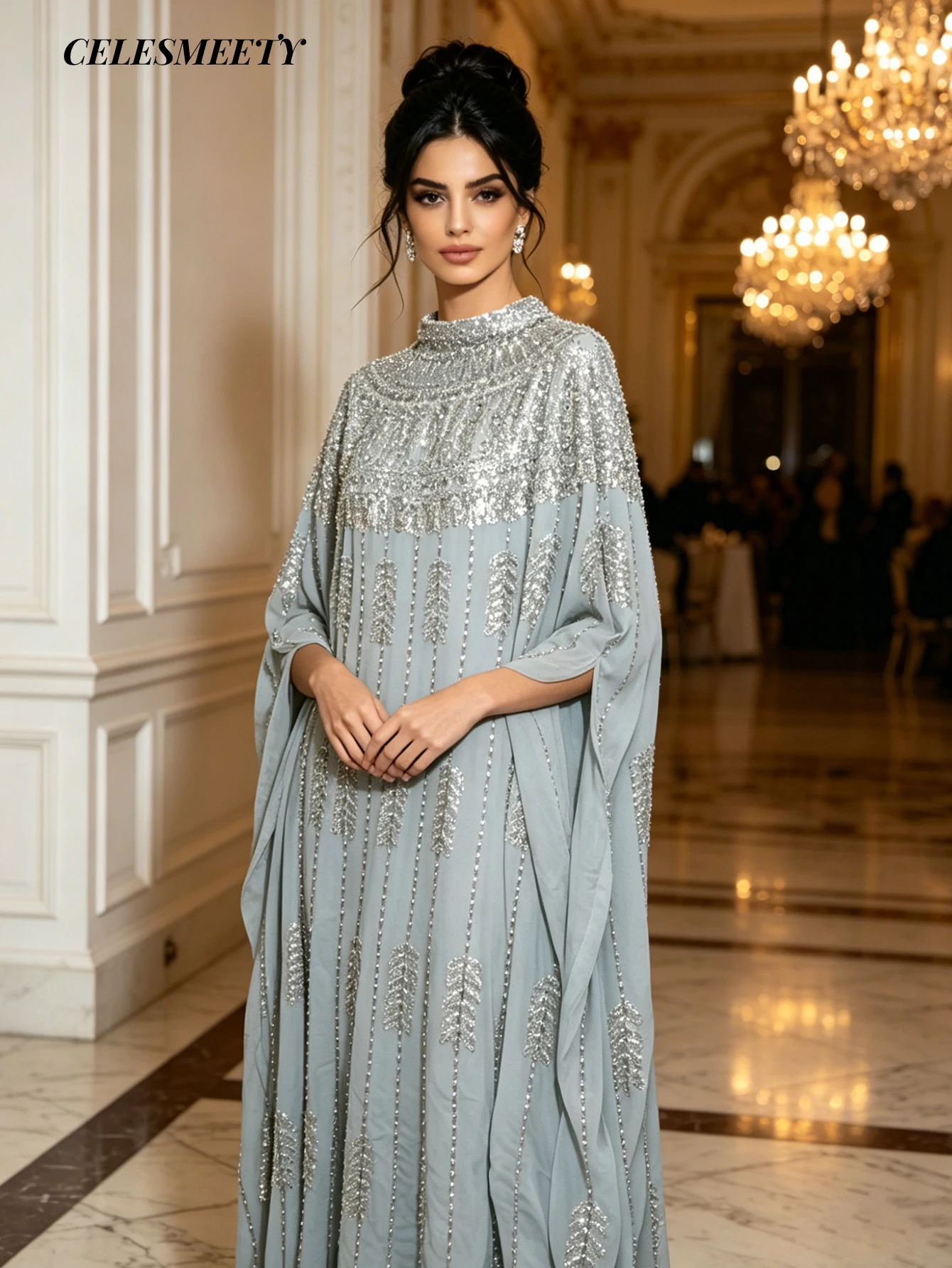 Luxury Royal Style Computer Glitter Beaded Embroidered Ball Evening Dress, Elegant Blue Striped Chiffon Bat Sleeve Dress