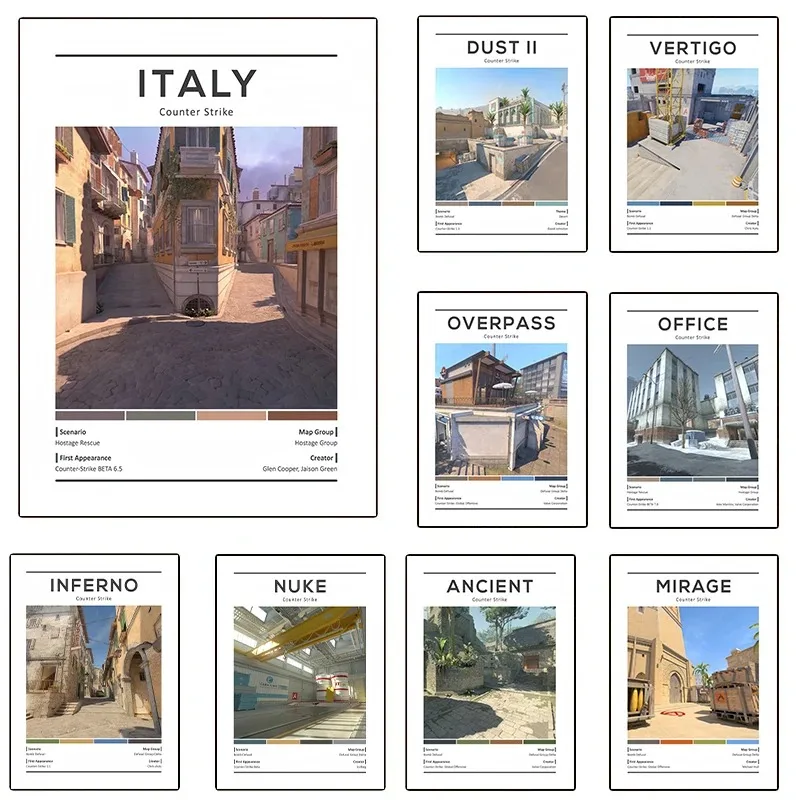 CS2 Minimalist Vertical Map Poster Counter Strike Classic Game Scene Canvas Printing Wall Art Picture for Gaming Room Home Decor