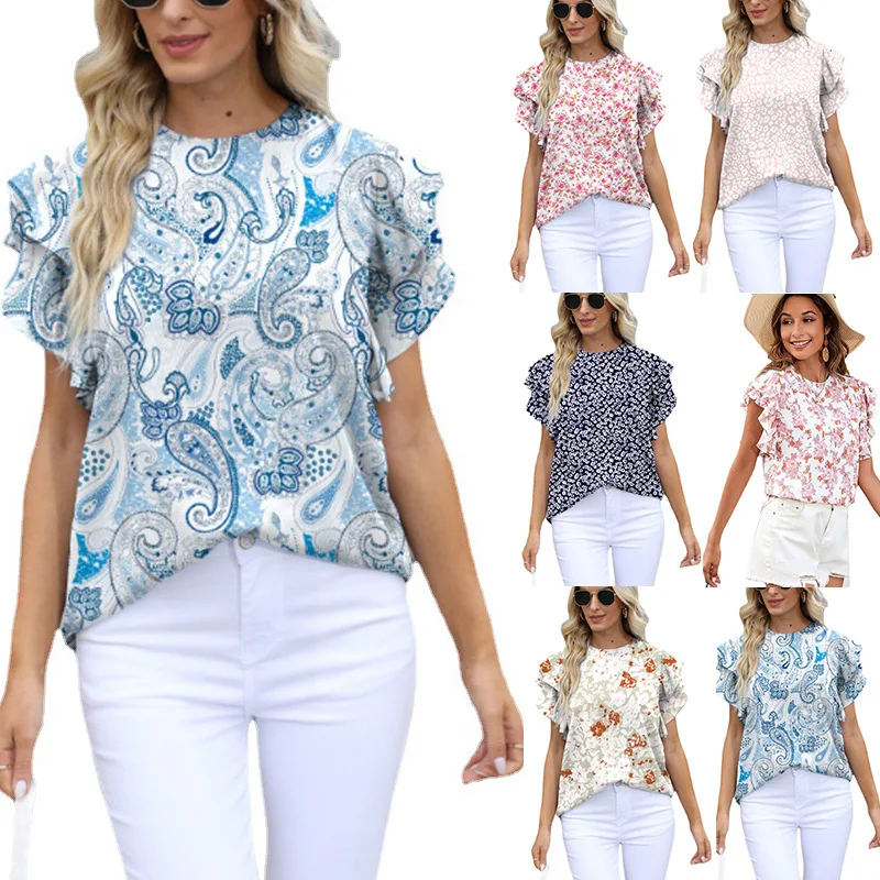 

Spring and summer round neck printed ruffled short-sleeved chiffon shirt floral T-shirt ladies' coat