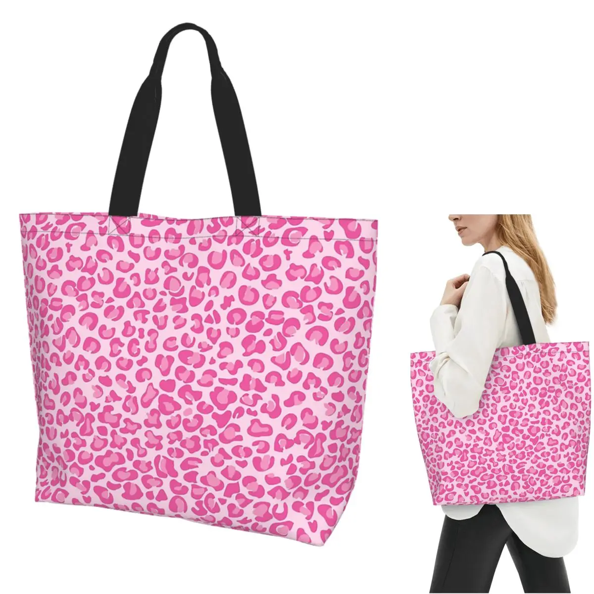 

Pink Leopard Print Shopping Tote Bag Canvas Large Capacity Shoulder Bags Shopper Grocery Handbag for Women